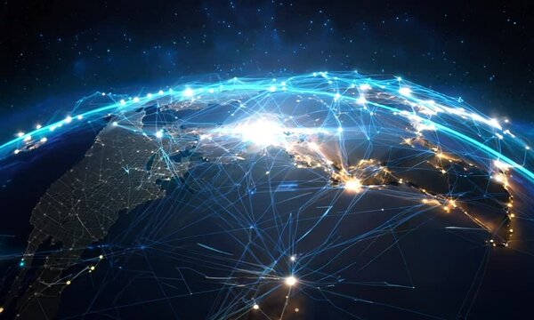 The Earth from a space view, highlighted by radiant networks symbolizing data transmission, technological interactions, and connectivity, all set against the celestial panorama of a starlit night.