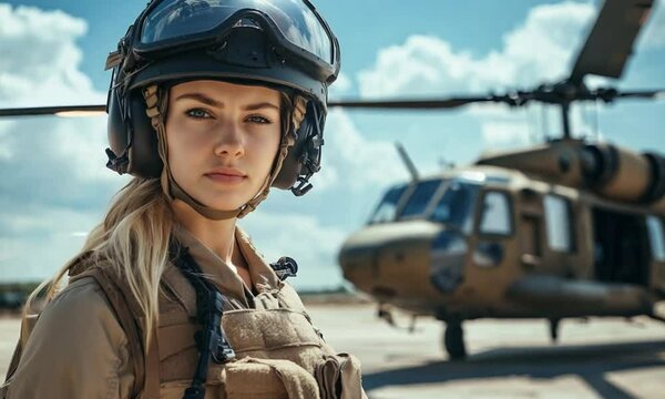 Young blonde female soldier helicopter pilot in military gear and helmet standing against helicopter background with copy space, representing women in military service and airborne missions