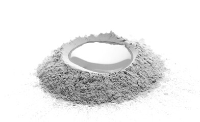 Dry cement and puddle of water, mortar powder pile isolated on white background, side view