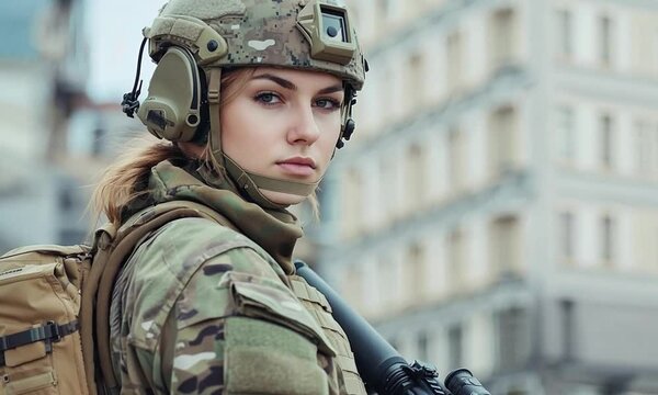 Military woman sniper in camouflage with a focused expression, standing against the background of a destroyed European city with space for text
