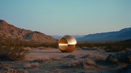 A reflective golden orb rests in the desert, merging art and nature under a vast, clear sky.