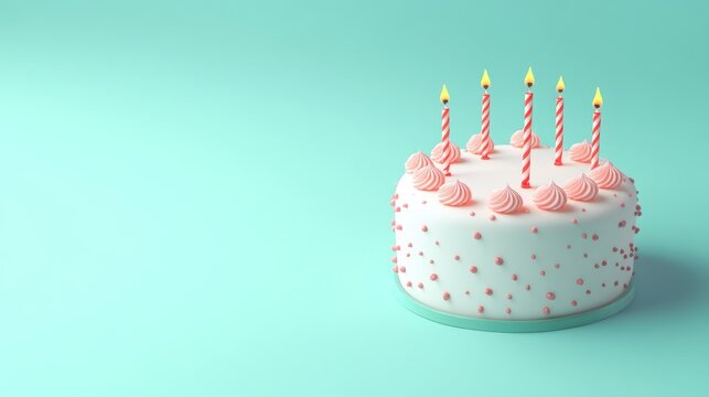Minimalistic birthday cake with candles on a mint green background featuring space for text ideal for a banner design