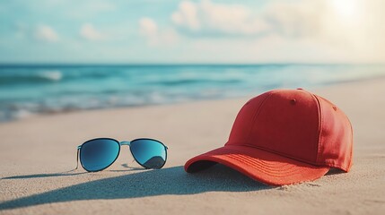 Realistic Cap Mockup with a Beach Background and Sunset Lighting, Perfect for Fashion Branding, Apparel Design, E-Commerce Product Showcases, and Promotional Merchandise in a Summer Setting