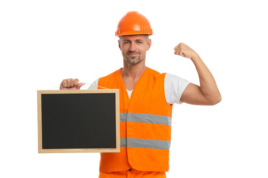 Man worker hold board with copy space. Engineer advertisement. Engineer supervisor man advertising isolated white. Man worker offer advertisement. Labor offer. Worker advertising. Successful engineer