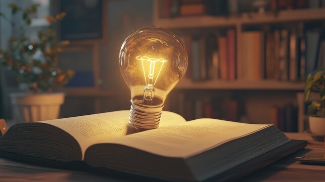 A radiant light bulb rests on an open book representing knowledge and creativity in an inspiring setting