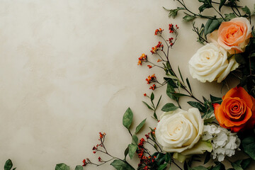White and orange roses with green leaves and small red berries are arranged on a light beige background