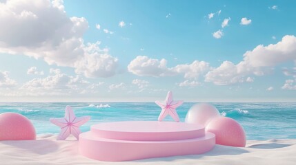 3D podium display on a beach with ocean and sky backdrop Sand platform serves as a holiday vacation stage for travel promotion and advertising sales
