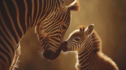 Fototapeta premium A tender moment of a zebra mother bonding with her foal under warm, golden light, showcasing love and familial connection in the wild.