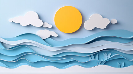 Paper Cut Ocean Scene with Sun  Clouds  and Waves