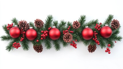 Fototapeta premium Christmas garland featuring red hanging ornaments pine cones and berries on a clean white background