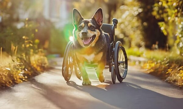 A happy disabled dog in a wheelchair runs happily on a walk in the park, showing resilience and joyful spirit.