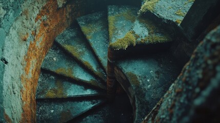Moss-covered spiral stairs twist upward, inviting exploration and evoking enigmatic, hidden stories within aged walls.