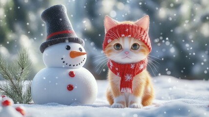 A playful ginger and white cat wearing a red knitted hat and scarf sits beside a snowman in a cozy winter setting highlighting the joy of pets as part of the family