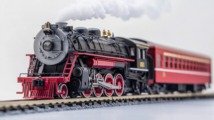 Obraz premium Vintage Steam Locomotive Train Model with Smoke on Tracks