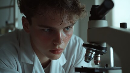Intense focus on a young scientist working with a microscope, reflecting curiosity and passion for scientific discovery in a lab setting.