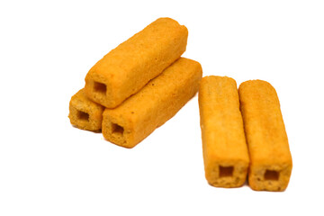 fried stick snack corn flavor isolated on white background.snack food indonesia