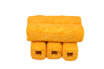 fried stick snack corn flavor isolated on white background.snack food indonesia