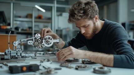 A focused man meticulously assembles intricate mechanical parts, showcasing precision and quiet concentration in a workshop.