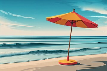 Fototapeta premium Digital illustration of a sunny beach scene with a red and yellow umbrella, symbolizing relaxation and summer vibes.