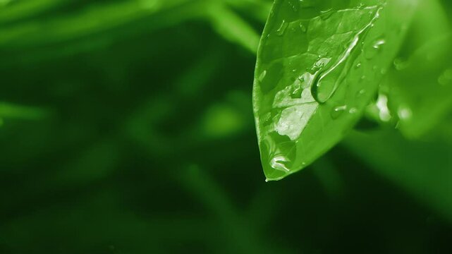 Slow motion macro shot of water droplet falling from fresh green leaf. Alternative herb skin care medicine concept. Herbal essence dropping from leaf. Organic serum drop or green tea tree oil extract