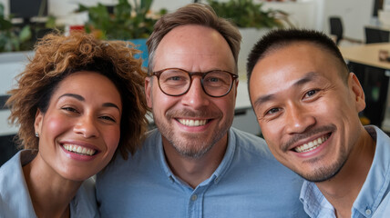 Fototapeta premium A joyful group portrait featuring two smiling men and a woman in a bright office environment, showcasing teamwork and camaraderie.
