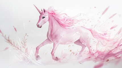Naklejka premium Watercolor illustration of a pink unicorn featuring a whimsical design of a fantastical creature presented on a white background for a magical feel