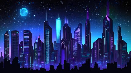Fototapeta premium Neon Futuristic Cyberpunk Wallpaper Digital Colored City Fantasy Art With Nightscape And Electronic Elements In A 3D Environment