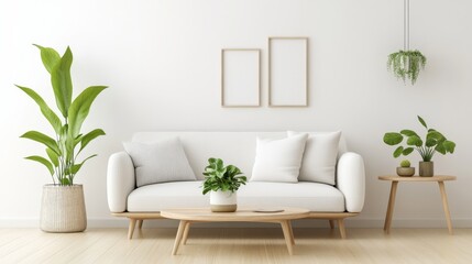 A minimalist living room features a white couch flanked by potted plants, radiating a sense of modern elegance and tranquility.