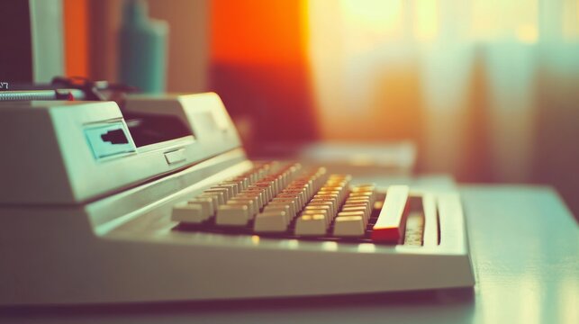 A vintage typewriter bathed in warm light exudes nostalgia, capturing a bygone era's charm and the tactile joy of writing.
