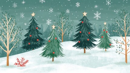 Fototapeta premium Winter woodland featuring Christmas trees snow covered landscape backdrop and festive card design Illustration captures the essence of the season