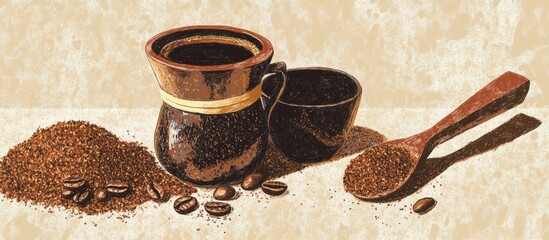 Richly grounded coffee in a Cezve exuding a strong aroma and ideal for a revitalizing morning brew