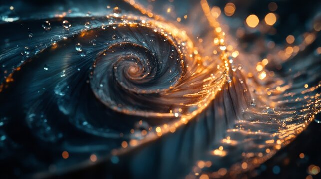 A mesmerizing whirl of vibrant colors and water droplets captures the fluid elegance of nature&rsquo;s patterns, illuminated by soft, ethereal light.