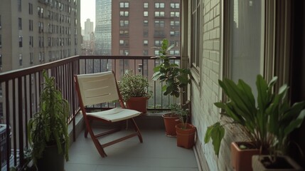 Obraz premium A tranquil balcony featuring a cozy chair surrounded by a collection of thriving potted plants, offering a peaceful city view.