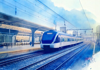 Naklejka premium 水彩タッチの電車の風景