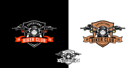 The vintage-style logo for "Biker Club" features a front view of a motorcycle with handlebars, headlight and orange signal lights. Suitable for a brand focused on motorcycle expeditions or touring. © Angon_Graphic