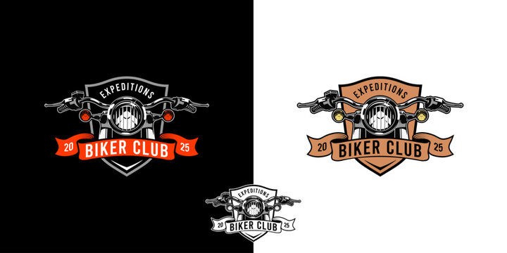 The vintage-style logo for "Biker Club" features a front view of a motorcycle with handlebars, headlight and orange signal lights. Suitable for a brand focused on motorcycle expeditions or touring.