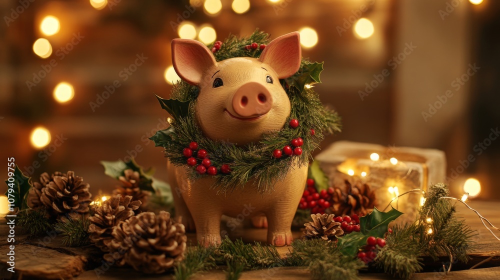 Poster a pig figurine with a friendly expression is wearing a wreath of evergreen and red berries. it is si