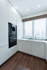 Scandinavian Style Cozy Modern Open Bright Kitchen Home Interior. Faucet, Fridge, Mirror, Furniture in Background. Windows