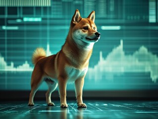 A Shiba Inu, a symbol of crypto culture, poses in front of a cryptocurrency trading chart, epitomizing the digital finance era