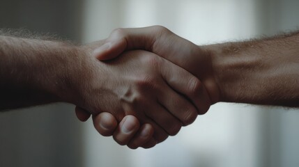 Fototapeta premium Two hands shake firmly, embodying a sense of agreement, partnership, and connection against a neutral background.