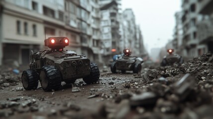 Remote-controlled rovers with glowing red sensors explore a desolate urban street, navigating through scattered rubble in an atmosphere of eerie silence.