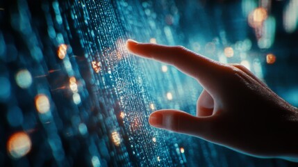 A hand reaches out to touch a glowing digital interface, evoking a sense of futuristic possibilities and technological wonder.