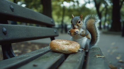 A curious squirrel perches on a park bench, nibbling a bagel under the cool shade of leafy trees in a lively urban park.