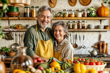Fototapeta premium Senior italian couple in kitchen cooking vegan food. Happy married people at home kitchen. Attractive mature man and woman with smiles cook vegetable salad. Adult love family. Senior couple lifestyle