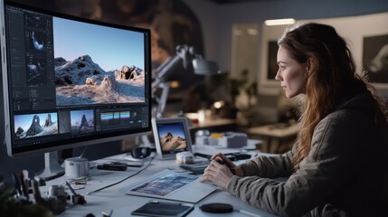 At an artist's workstation, a focused designer engrossed in her craft analyzes a captivating digital landscape on her monitor.