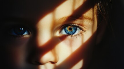 Intense blue eyes peer through shadows, creating an atmosphere of curiosity and intrigue.