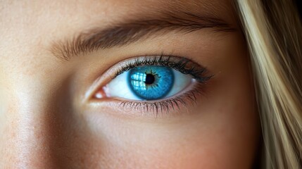 Fototapeta premium Close-up photo of a beautiful blue eye. Perfect for website design, beauty blogs, and social media posts.