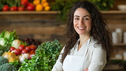 Smiling woman working in a greengrocery. This photo can be used to promote healthy eating, local produce, and small businesses.