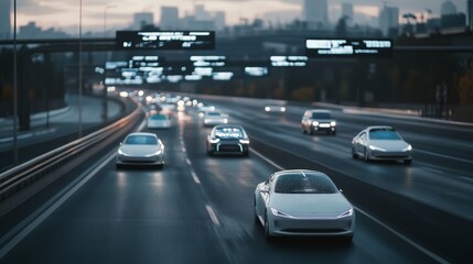Sleek, futuristic cars smoothly navigate a busy highway at dusk, reflecting the evolving dance of modern technology and urban advancement.