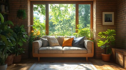 Cozy living room with couch, house plants, and sunlight streaming through window